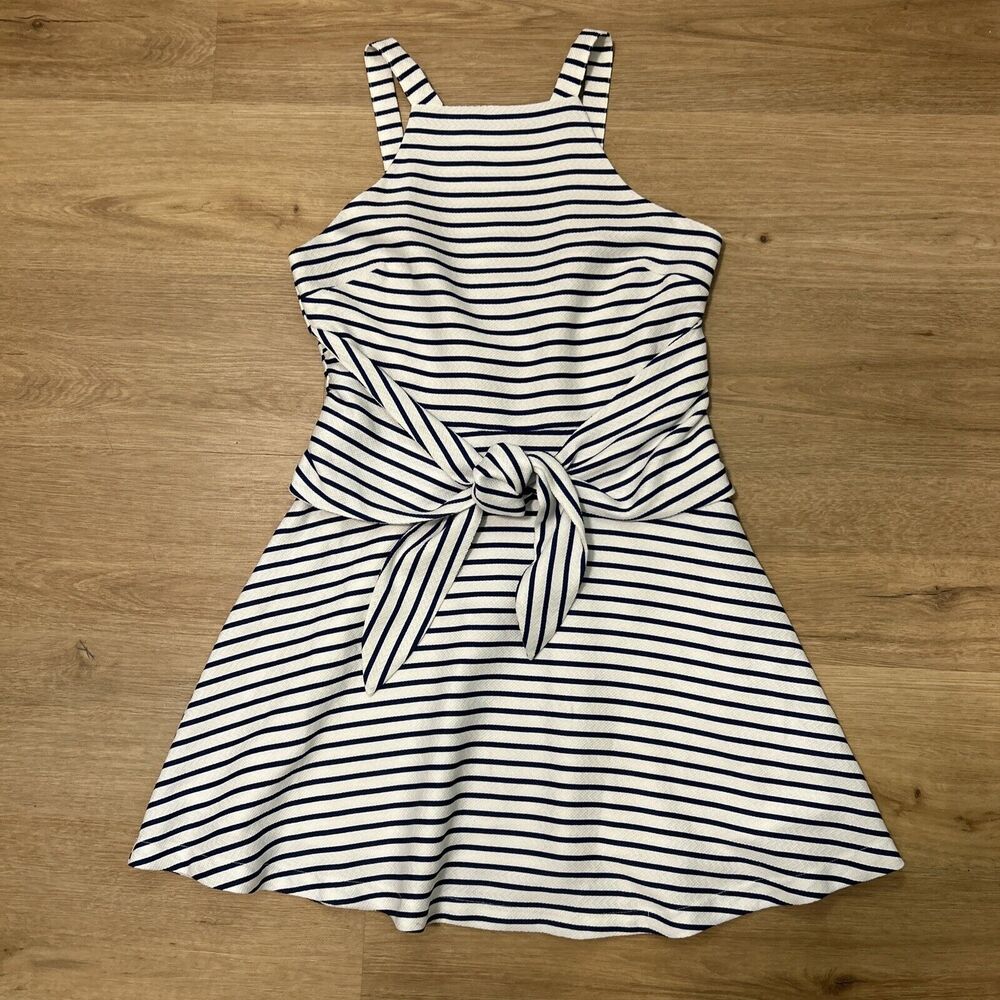 JOA Los Angeles Women M Woven Striped Bow Fit Flair Dress Blue White Short Casua